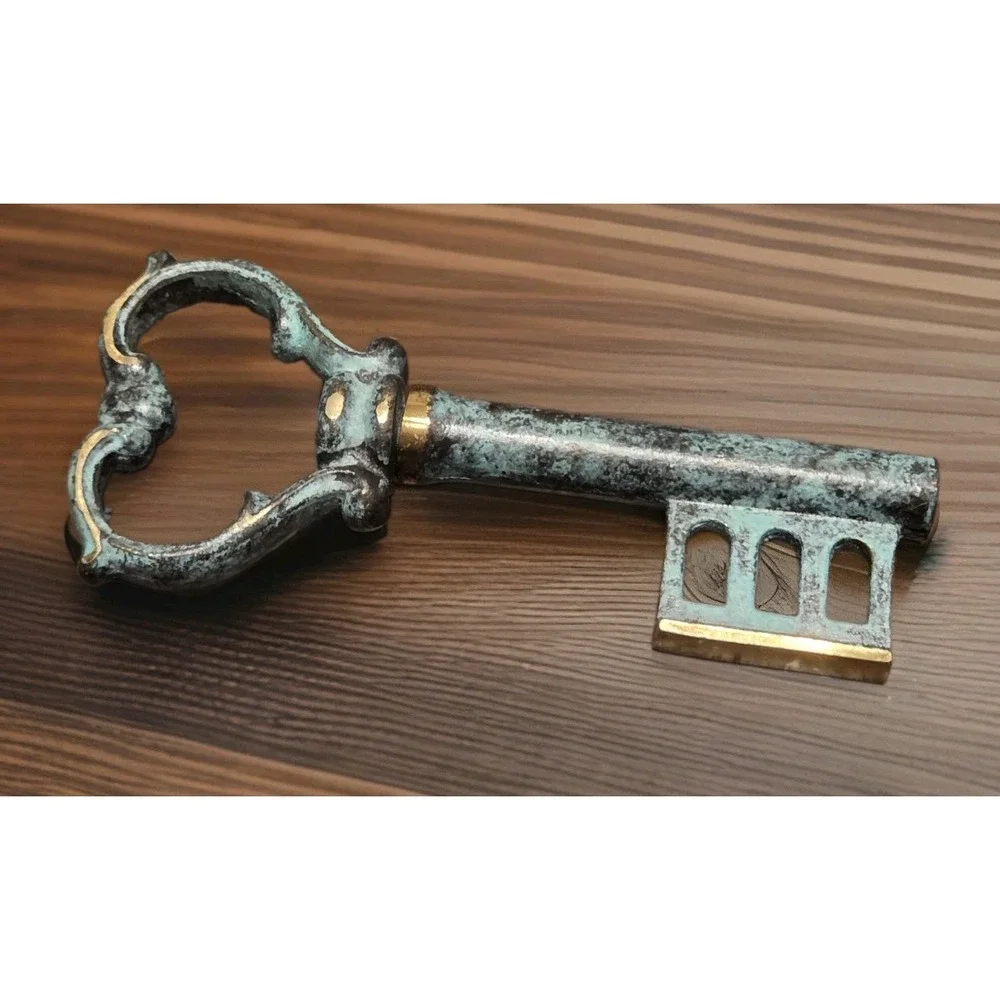 Vintage Brass Key Shaped Wine Key & Bottle Opener Green Patina Finish 5.5